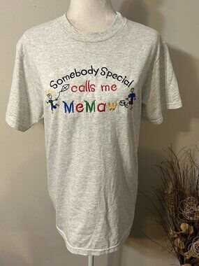 Fruit Of The Loom Cotton Short Sleeve Gray T-Shirt Embroidered Calls Me MEMAW M